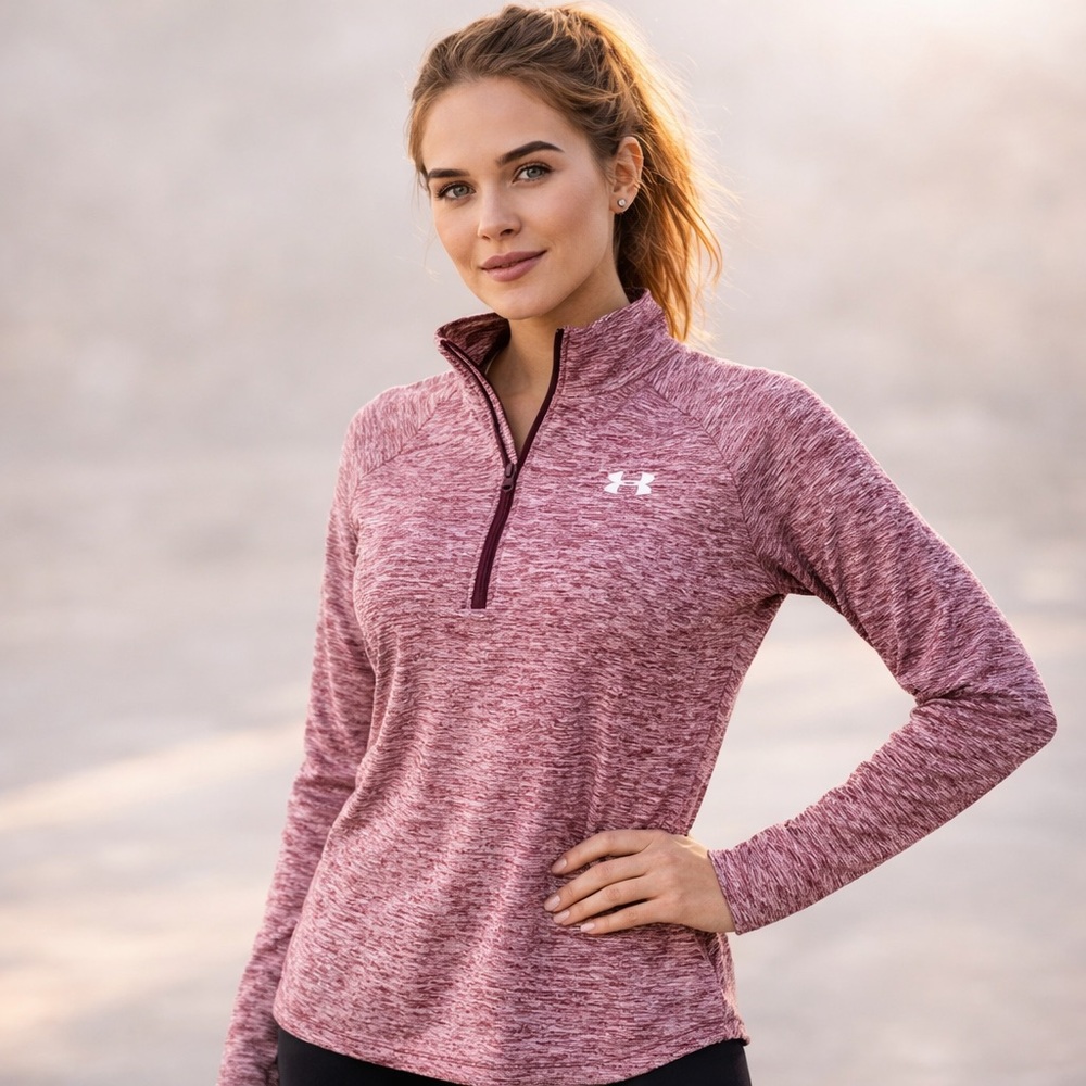 Under Armour Tech Twist Quarter Zip Pullover Med Burgundy Heather Athletic Top - Picture 2 of 12